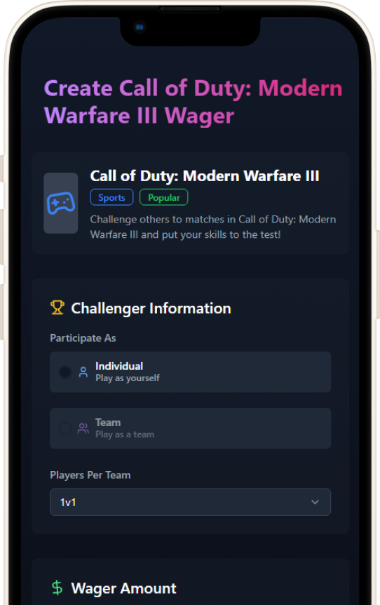 User interface for 1v1 wager matches